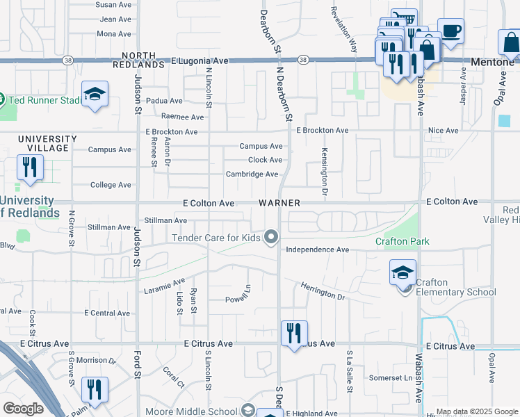 map of restaurants, bars, coffee shops, grocery stores, and more near 713 Sandy Court in Redlands