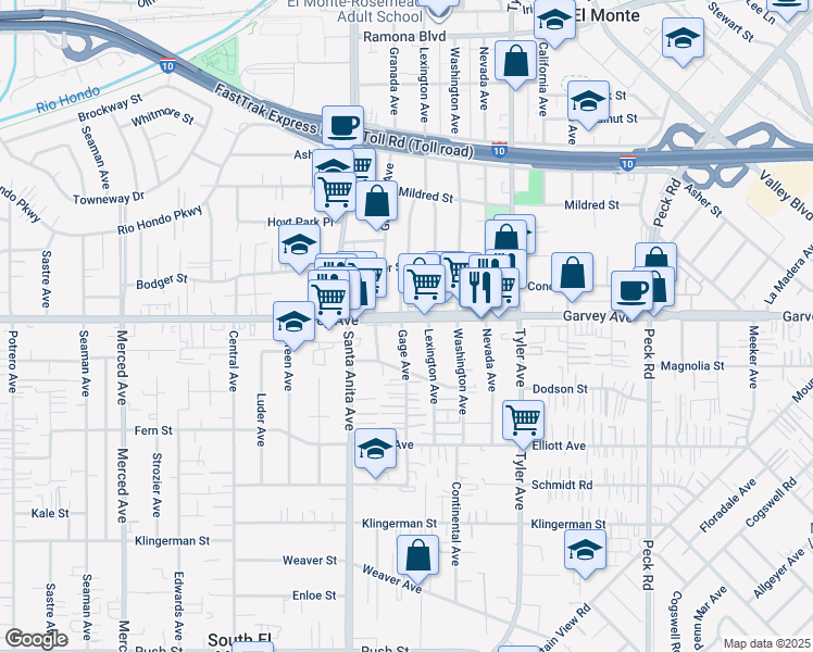 map of restaurants, bars, coffee shops, grocery stores, and more near 2822 Gage Avenue in El Monte
