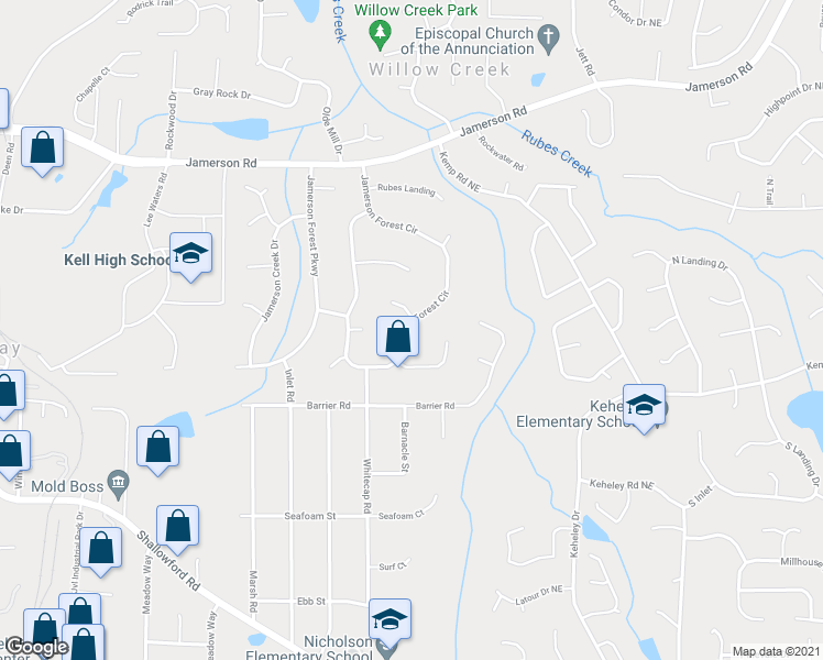 map of restaurants, bars, coffee shops, grocery stores, and more near 4750 Jamerson Forest Circle in Marietta