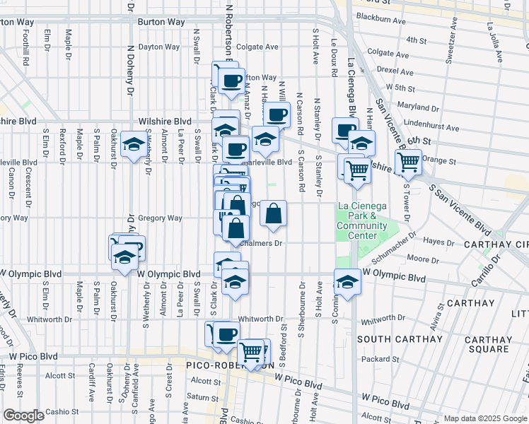 map of restaurants, bars, coffee shops, grocery stores, and more near 815 South Shenandoah Street in Los Angeles