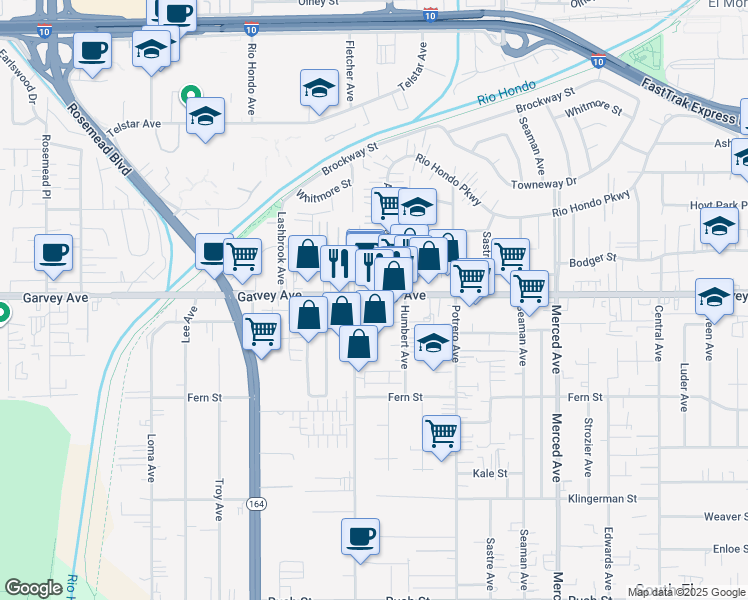 map of restaurants, bars, coffee shops, grocery stores, and more near 9640 Garvey Avenue in South El Monte