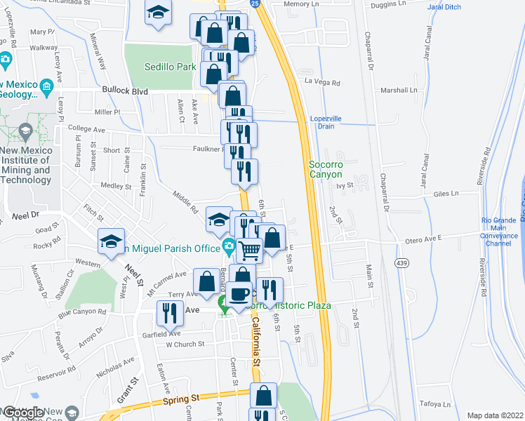 map of restaurants, bars, coffee shops, grocery stores, and more near 6th St & Neal Ave in Socorro