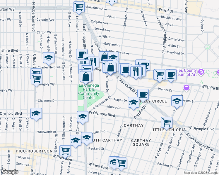 map of restaurants, bars, coffee shops, grocery stores, and more near 234 South Tower Drive in Beverly Hills