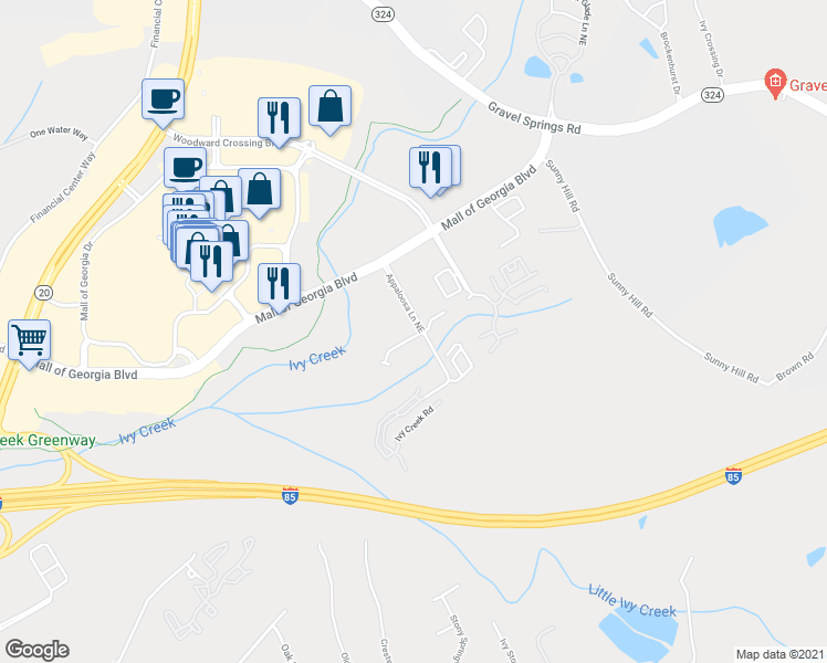 map of restaurants, bars, coffee shops, grocery stores, and more near 1866 Appaloosa Mill Court Northeast in Buford