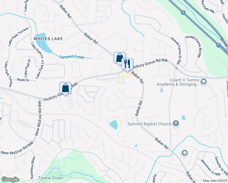 map of restaurants, bars, coffee shops, grocery stores, and more near 4486 Thorngate Lane in Acworth