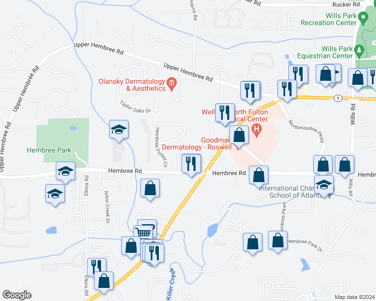 map of restaurants, bars, coffee shops, grocery stores, and more near 232 Hembree Park Terrace in Roswell