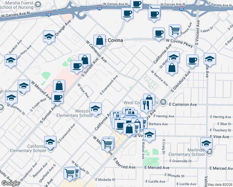 map of restaurants, bars, coffee shops, grocery stores, and more near 901 California Avenue in West Covina