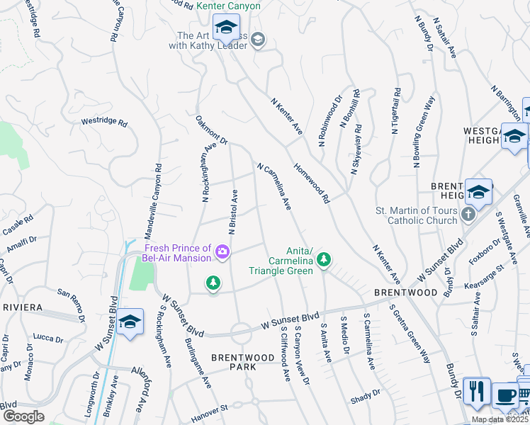 map of restaurants, bars, coffee shops, grocery stores, and more near 350 North Cliffwood Avenue in Los Angeles
