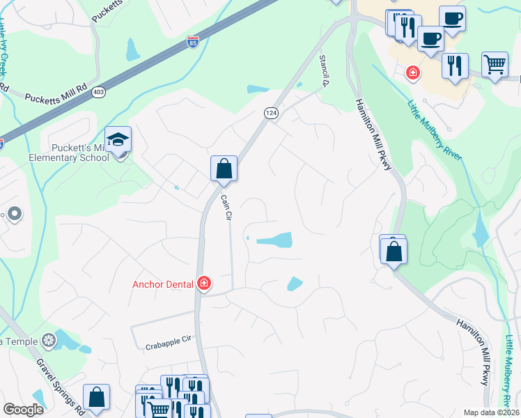 map of restaurants, bars, coffee shops, grocery stores, and more near 2300 Park Valley Way in Dacula