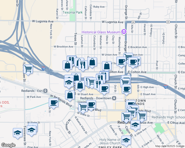 map of restaurants, bars, coffee shops, grocery stores, and more near 503 West Colton Avenue in Redlands