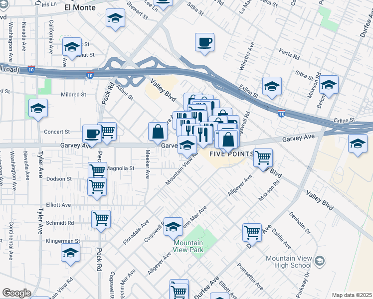 map of restaurants, bars, coffee shops, grocery stores, and more near 11800 Garvey Avenue in El Monte