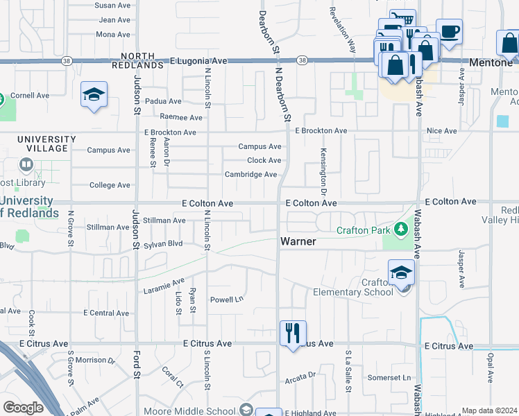 map of restaurants, bars, coffee shops, grocery stores, and more near 713 Sandy Court in Redlands