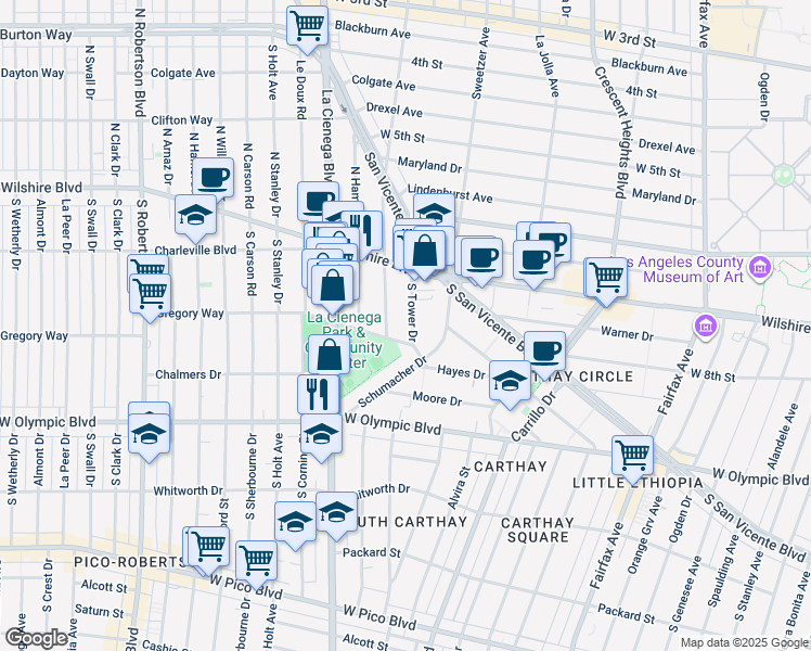 map of restaurants, bars, coffee shops, grocery stores, and more near 235 South Tower Drive in Beverly Hills