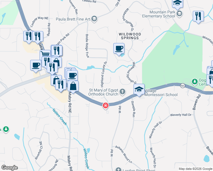 map of restaurants, bars, coffee shops, grocery stores, and more near 11635 Highland Colony Drive in Roswell