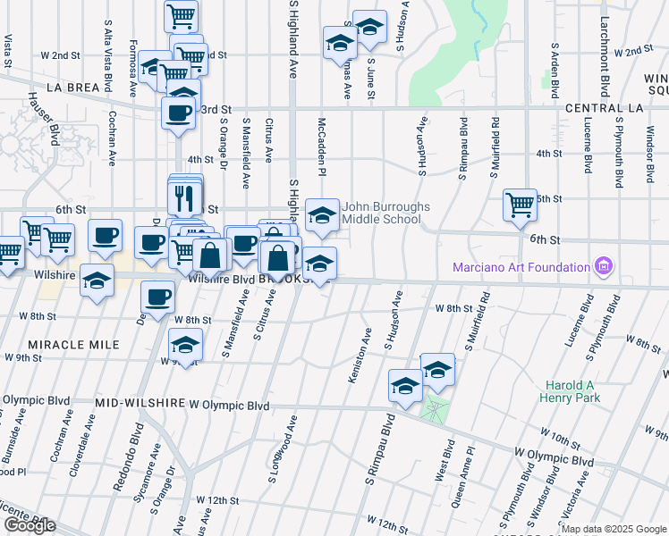 map of restaurants, bars, coffee shops, grocery stores, and more near 4925 Wilshire Boulevard in Los Angeles