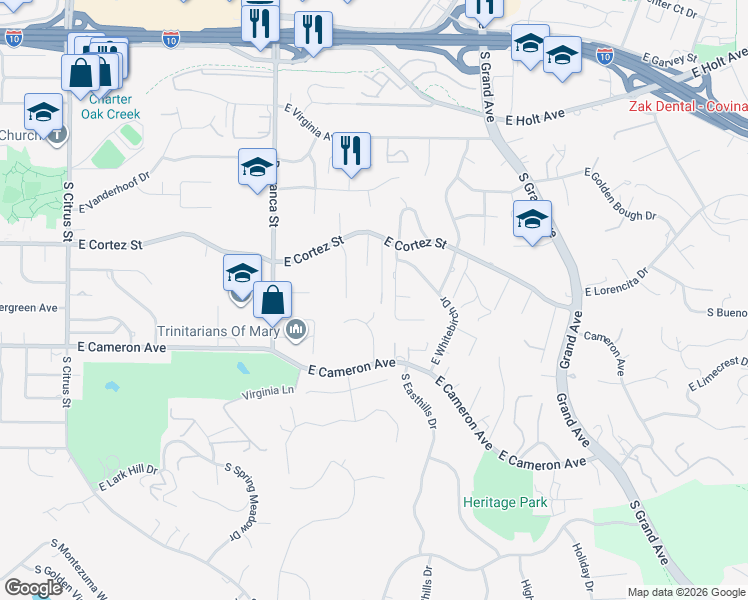 map of restaurants, bars, coffee shops, grocery stores, and more near 720 South Prospero Drive in West Covina