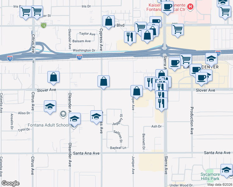 map of restaurants, bars, coffee shops, grocery stores, and more near 16593 Slover Avenue in Fontana