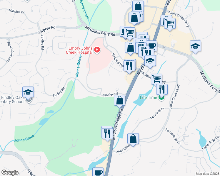map of restaurants, bars, coffee shops, grocery stores, and more near 12050 Findley Road in Johns Creek