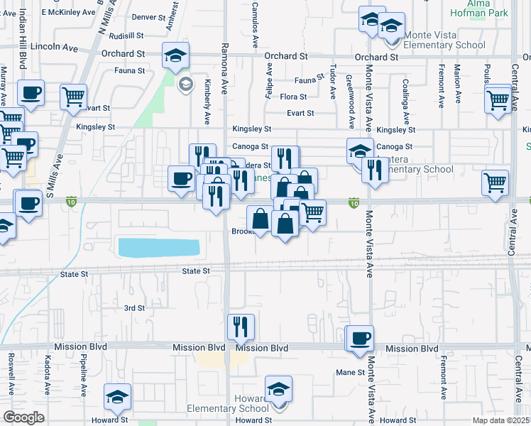 map of restaurants, bars, coffee shops, grocery stores, and more near 4575 Holt Boulevard in Montclair