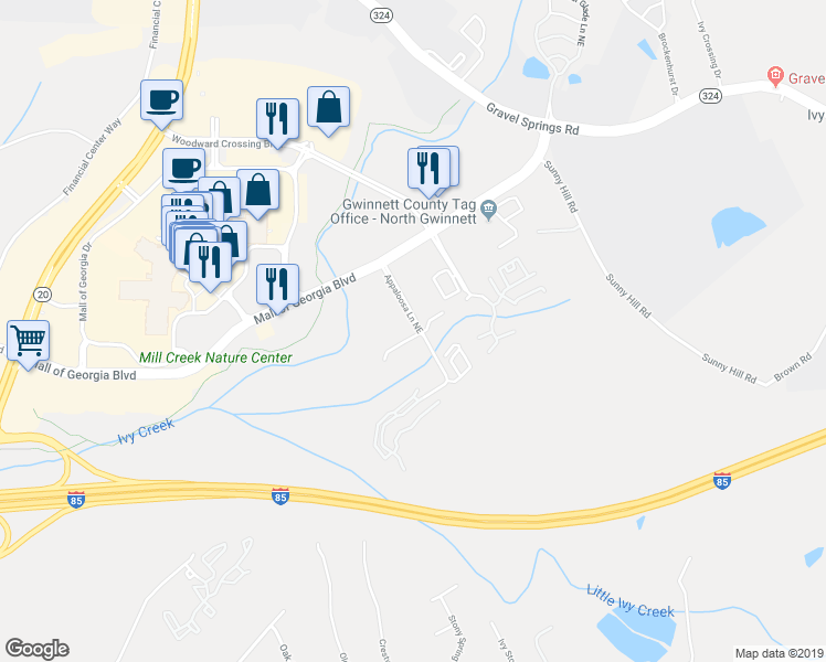 map of restaurants, bars, coffee shops, grocery stores, and more near 1868 Appaloosa Mill Court Northeast in Buford