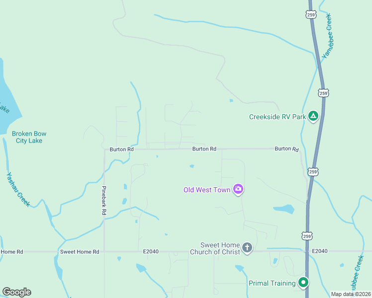map of restaurants, bars, coffee shops, grocery stores, and more near Burton Road in Broken Bow