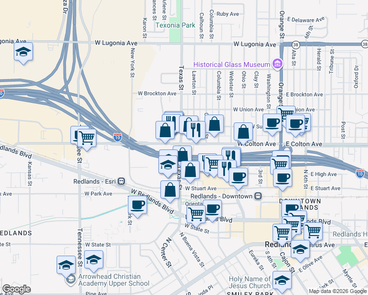 map of restaurants, bars, coffee shops, grocery stores, and more near Christopher Columbus Transcontinental Hwy in Redlands