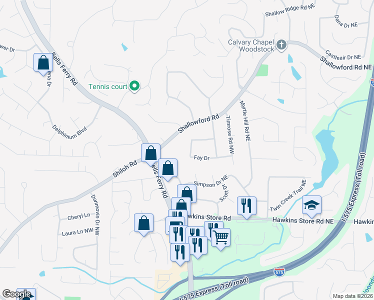 map of restaurants, bars, coffee shops, grocery stores, and more near 198 Fay Drive in Kennesaw