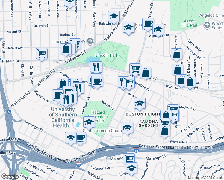 map of restaurants, bars, coffee shops, grocery stores, and more near 2250 Alcazar Street in Los Angeles