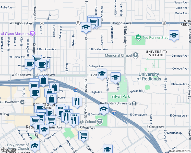 map of restaurants, bars, coffee shops, grocery stores, and more near 818 East Colton Avenue in Redlands