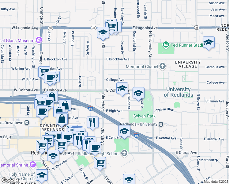 map of restaurants, bars, coffee shops, grocery stores, and more near 818 East Colton Avenue in Redlands