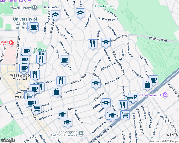 map of restaurants, bars, coffee shops, grocery stores, and more near 10550 Wilshire Boulevard in Los Angeles