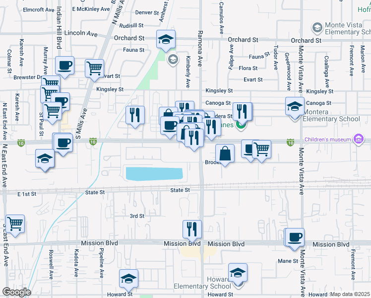 map of restaurants, bars, coffee shops, grocery stores, and more near 4460A Brooks Street in Montclair