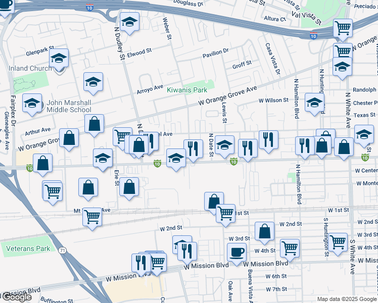 map of restaurants, bars, coffee shops, grocery stores, and more near 1395 West Holt Avenue in Pomona