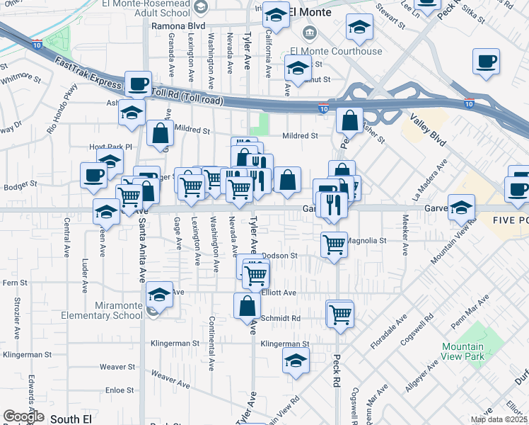 map of restaurants, bars, coffee shops, grocery stores, and more near 2828 Lily Lane in El Monte