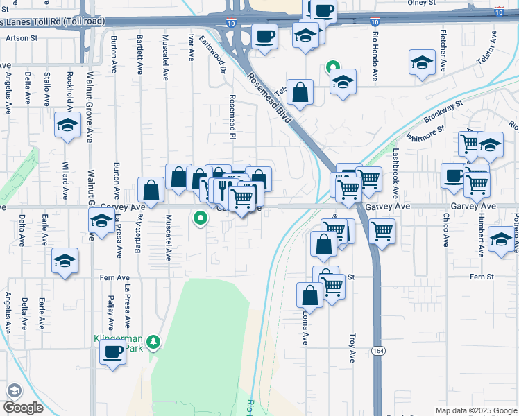map of restaurants, bars, coffee shops, grocery stores, and more near 9100 Garvey Avenue in Rosemead