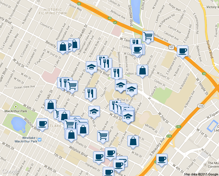 map of restaurants, bars, coffee shops, grocery stores, and more near 1575 West 2nd Street in Los Angeles