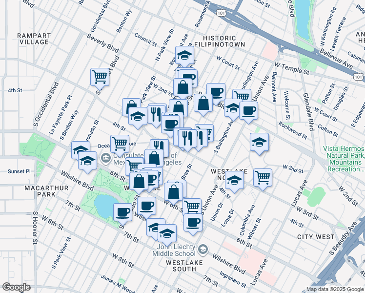 map of restaurants, bars, coffee shops, grocery stores, and more near 309 South Westlake Avenue in Los Angeles