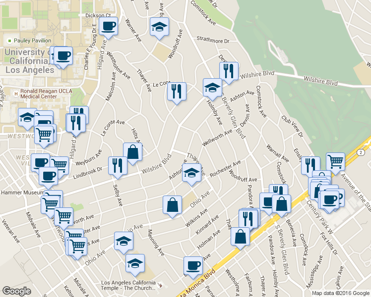 map of restaurants, bars, coffee shops, grocery stores, and more near 10487 Wellworth Avenue in Los Angeles