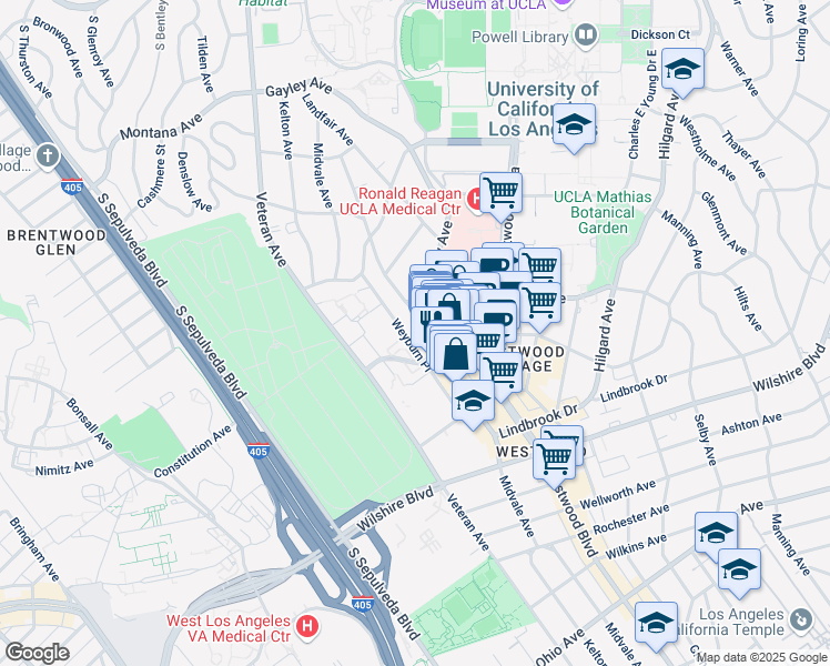 map of restaurants, bars, coffee shops, grocery stores, and more near 925 Weyburn Avenue in Los Angeles
