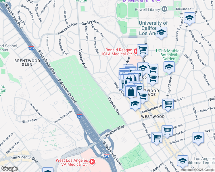 map of restaurants, bars, coffee shops, grocery stores, and more near 825 Weyburn Terrace in Los Angeles