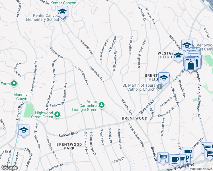 map of restaurants, bars, coffee shops, grocery stores, and more near 250 Homewood Road in Los Angeles