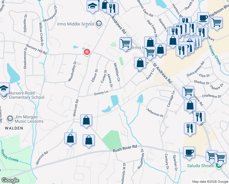 map of restaurants, bars, coffee shops, grocery stores, and more near 417 Quail Trace Drive in Columbia