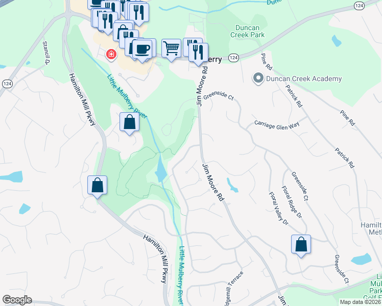 map of restaurants, bars, coffee shops, grocery stores, and more near 2137 Bakers Mill Road in Dacula