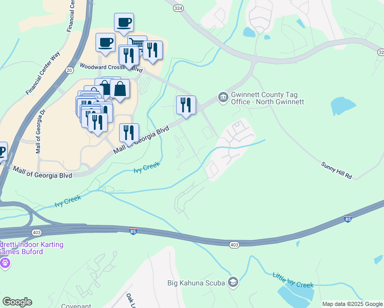 map of restaurants, bars, coffee shops, grocery stores, and more near 1868 Appaloosa Mill Court Northeast in Buford