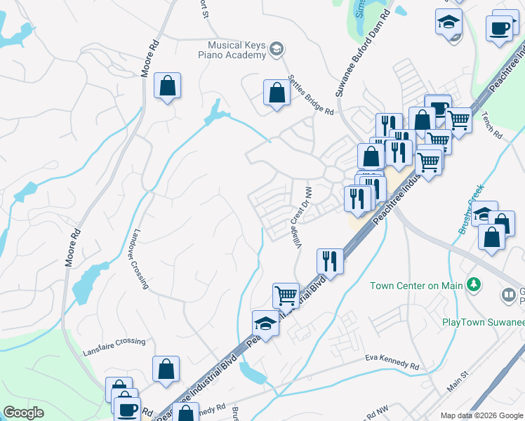 map of restaurants, bars, coffee shops, grocery stores, and more near 4810 Backbay Street in Suwanee