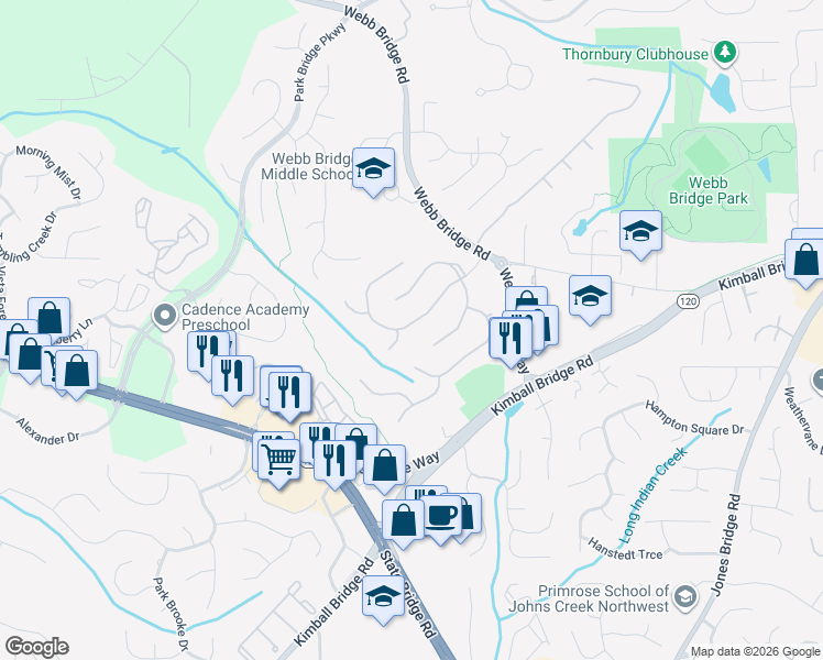 map of restaurants, bars, coffee shops, grocery stores, and more near 2018 Breckenridge Lane in Alpharetta