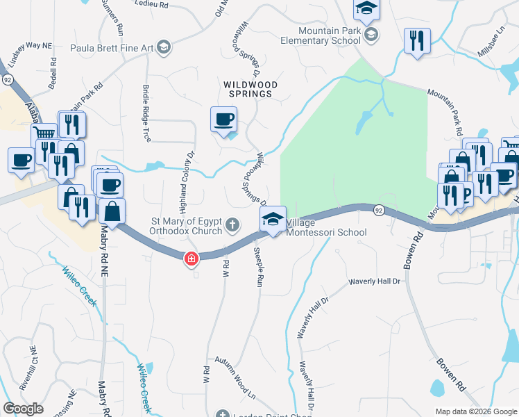 map of restaurants, bars, coffee shops, grocery stores, and more near 11560 Wildwood Springs Drive in Roswell
