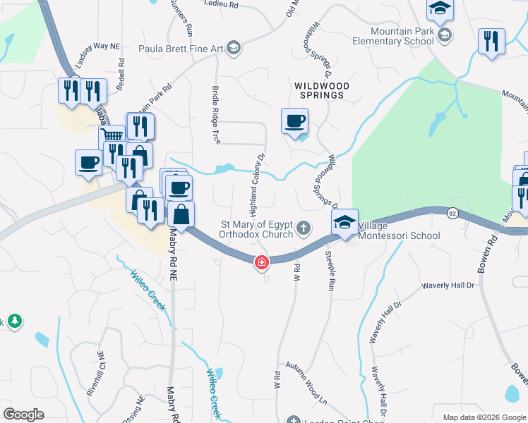 map of restaurants, bars, coffee shops, grocery stores, and more near 11635 Highland Colony Drive in Roswell
