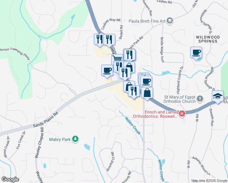 map of restaurants, bars, coffee shops, grocery stores, and more near 4629 Wickford Circle in Roswell