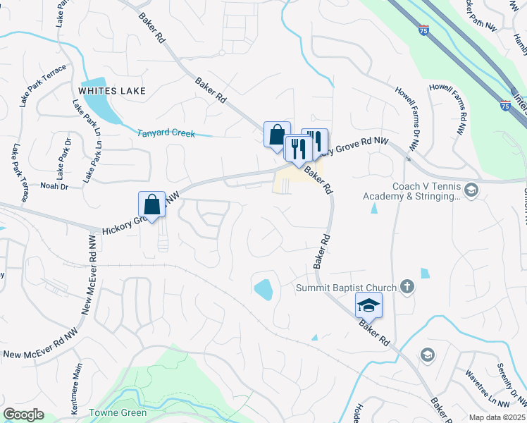 map of restaurants, bars, coffee shops, grocery stores, and more near 4486 Thorngate Lane in Acworth